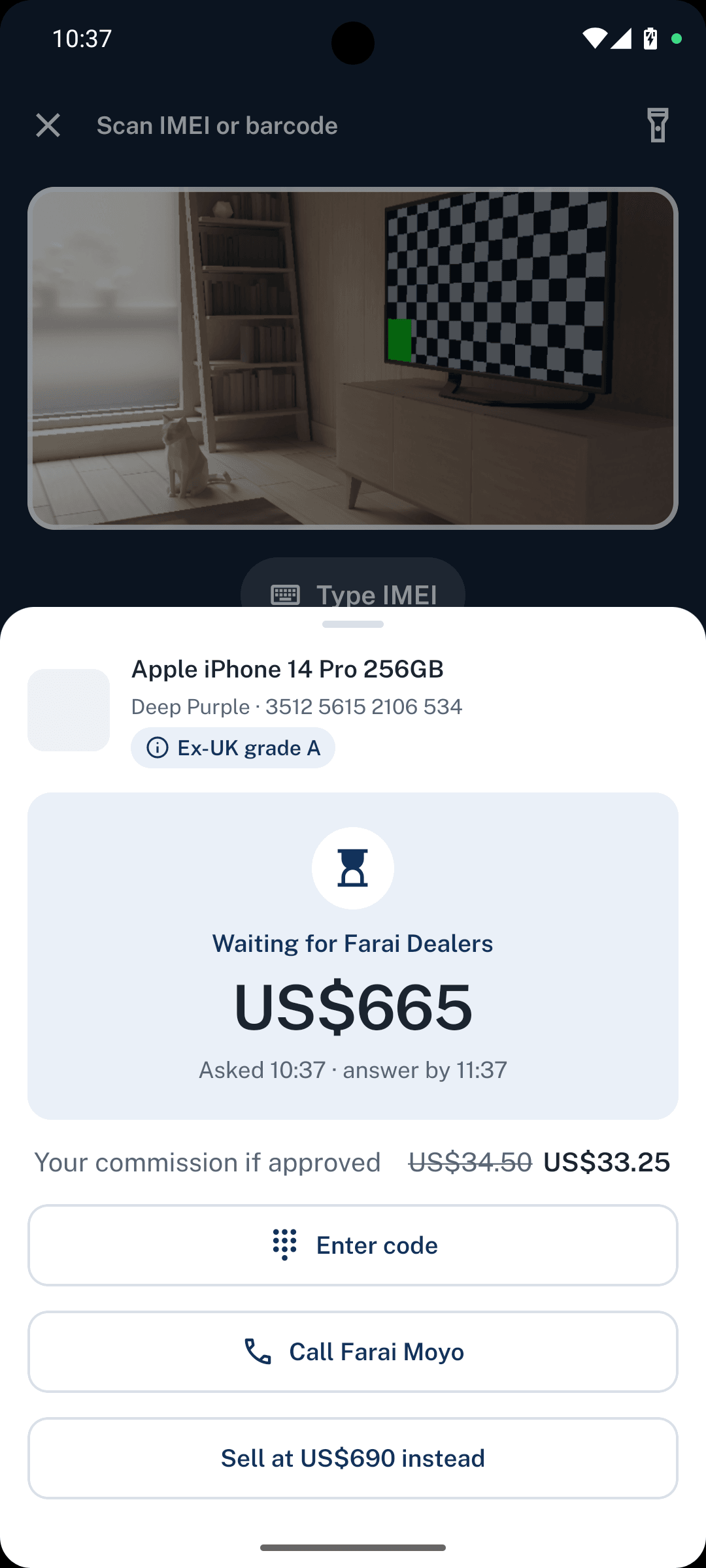 Dealpad screen: Tendai's request and his commission