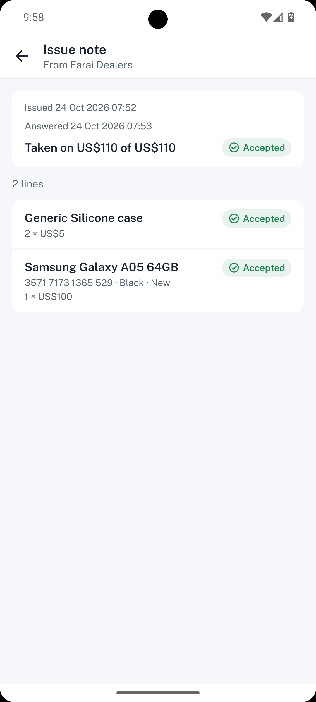 Dealpad screen: Issue note accepted on Tendai's phone