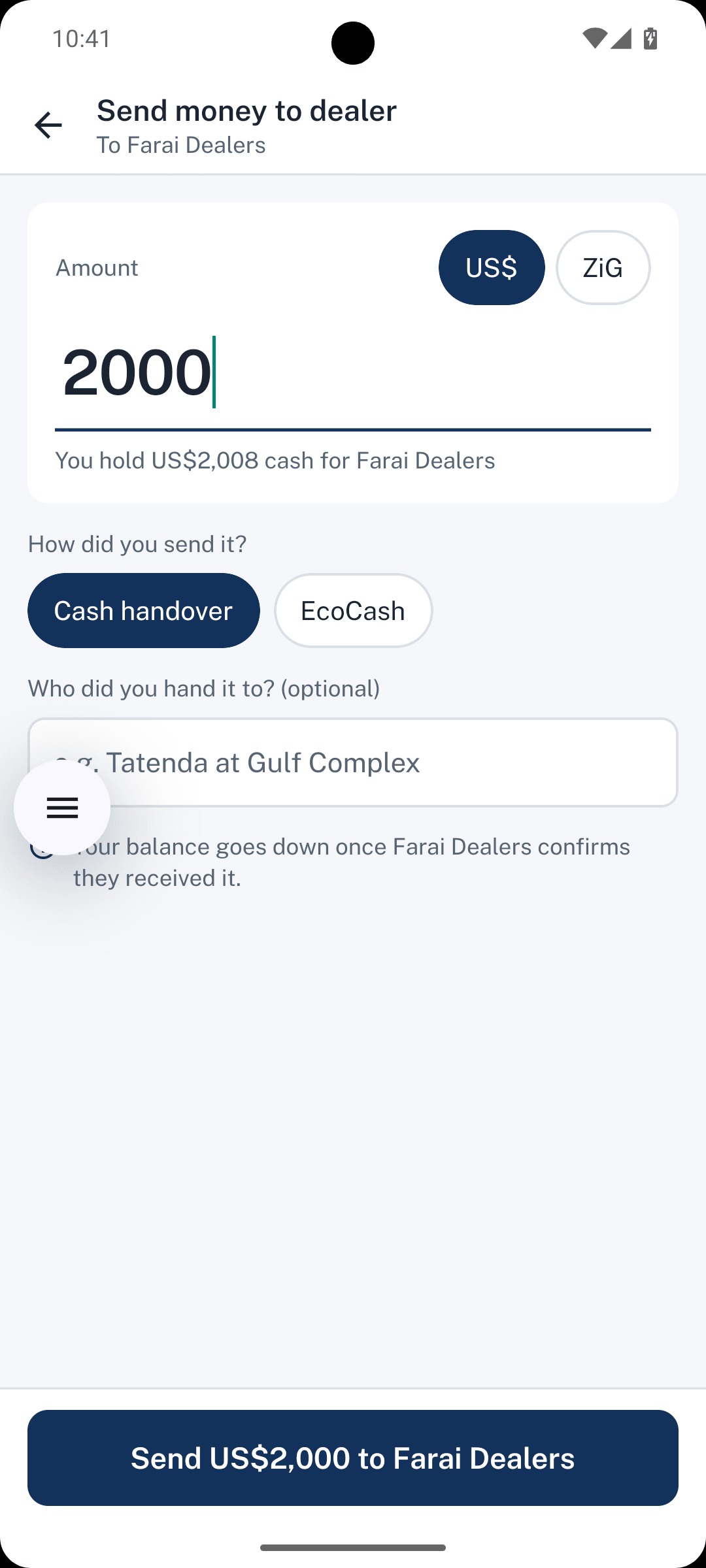 Dealpad screen: Send money