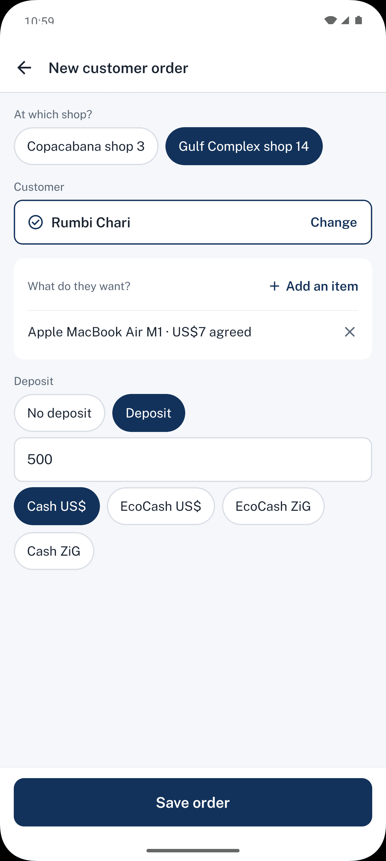 Dealpad screen: Order with a deposit