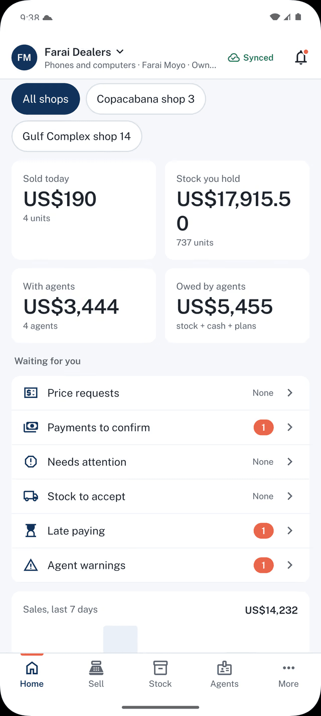 Dealpad screen: Owner's home with live activity: shift opened, a sale, a trade-in, a cash-up